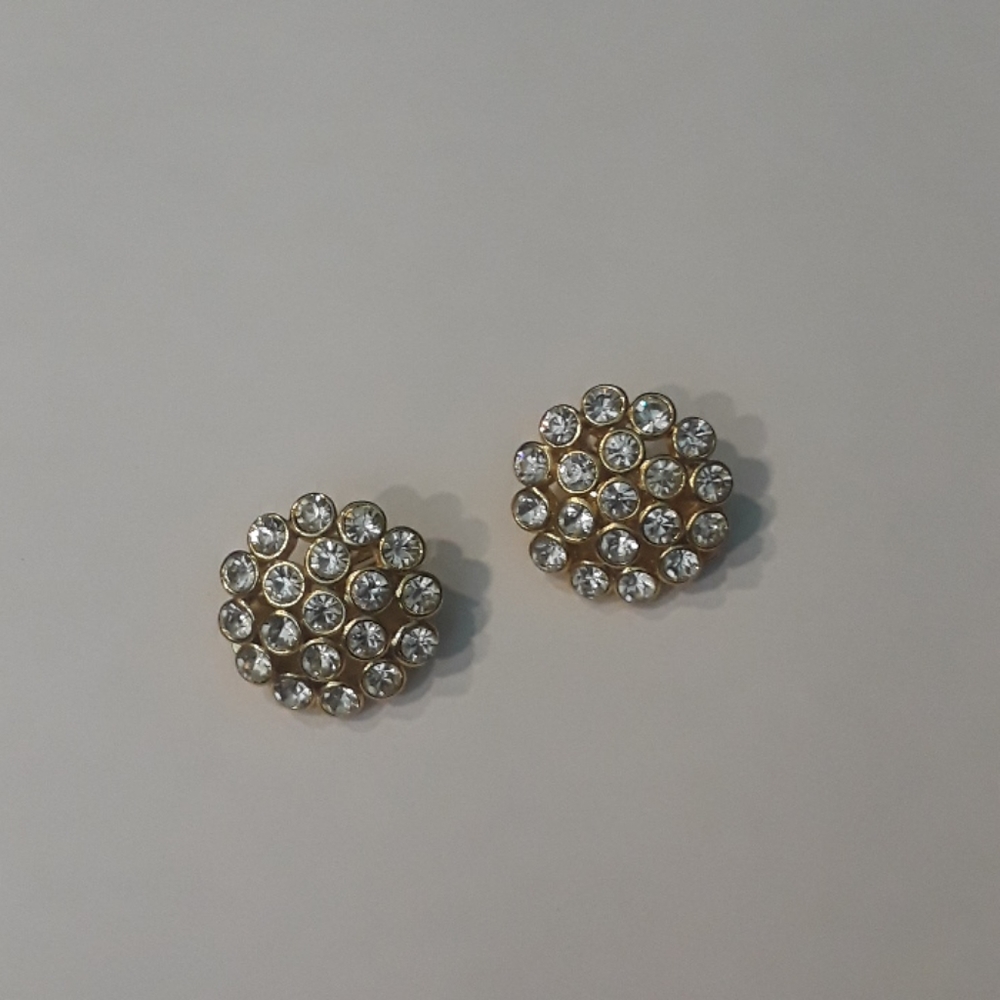 Round Sparkle Rhinestone Clip Earrings Vintage.